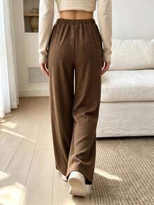 Louniche Celana Panjang Wanita Musim Panas Warna Kopi, Rajutan Benang Metalik, Tali Serut, Pinggang Elastis, Longgar, Panjang Hingga Lantai, Kaki Lebar - Coffee Brown - View 2