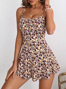 SHEIN VCAY 女款全印花休閒日常穿著細肩帶連身褲 - 杏色 - 查看 1