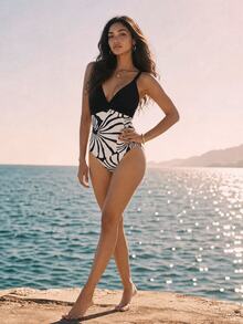 CAJUNI Elegant Bicolor Swimsuit With Strap And V-Neckline, Maxi Shell Print - Black and White - View 4