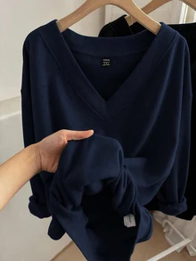 SHEIN LUNE Sweatshirt Fleece Leher V Kasual Wanita, Set 2 Potong, Cocok untuk Musim Gugur/Dingin - MultiWarna - View 7