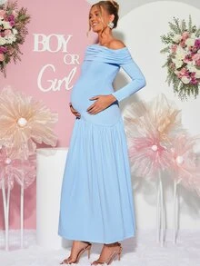 Loomaby 孕婦純色不對稱單肩休閒日常夏季洋裝 性別揭曉禮服 孕婦洋裝 嬰兒洗禮洋裝 秋季 - 藍色 - 查看 3