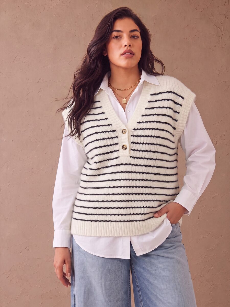 Juhart Women's Striped V-Neck Half-Button Knit Vest, Soft Fluffy Loose Mid-Length Sleeveless Sweater Vest - Black and White - View 1