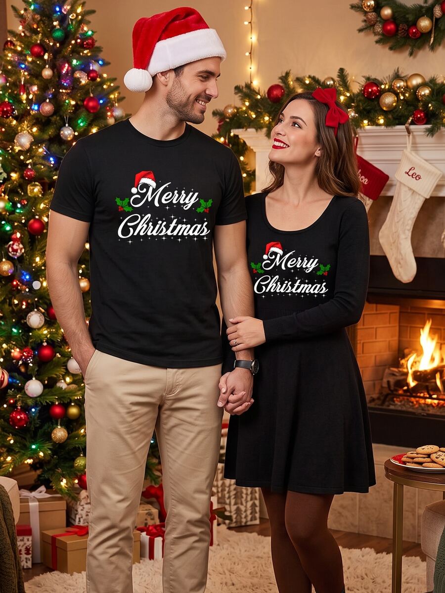 Manfinity Homme 聖誕節 Merry Christmas 口號時尚休閒印花男士標準尺寸黑色修身短袖T恤 - 黑色 - 查看 1