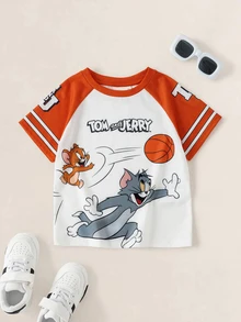 TOM & JERRY X SHEIN Young Boy Cartoon Graphic Print Short Sleeve T-Shirt For Daily Wear - White - View 1
