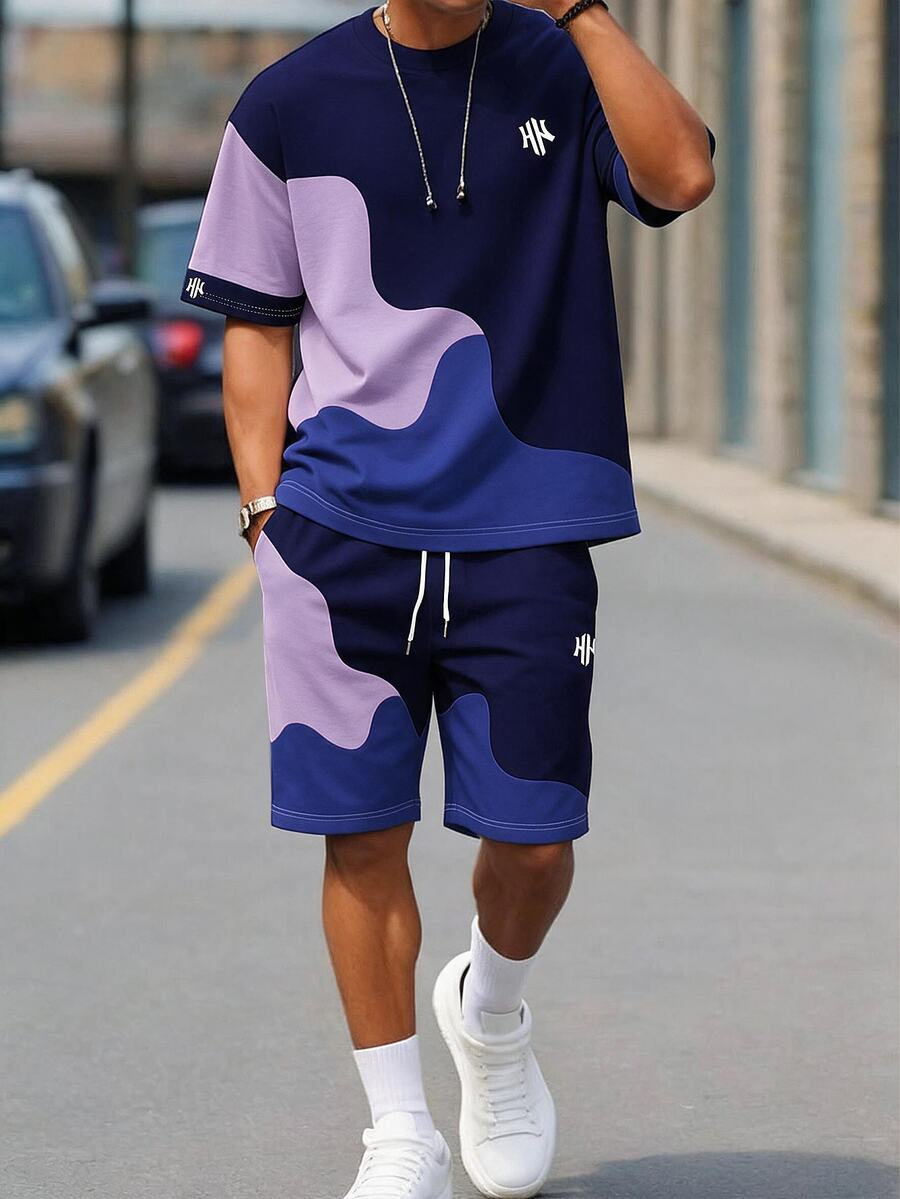 Sorvial Men's Letter Print Short Sleeve T-Shirt And Drawstring Waist Shorts Casual Set - Purple - View 1