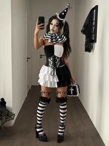 Coolane Đầm quây nữ sexy phối màu, gấu bèo nhún - Đen và trắng - Xem 4