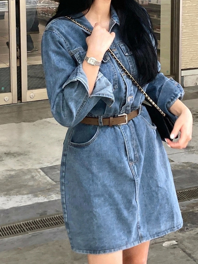 Dazy Plus Gaun Mini A-Line Wanita Gaya Preppy Kasual Lengan Panjang Elegan Vintage yang Melangsingkan Pinggang