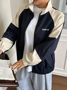 Dazy Plus Letter Print Patchwork Contrast Color Loose Zipper Long Sleeve Casual Vacation Streetwear Spring Autumn Jacket - Navy Blue - View 6