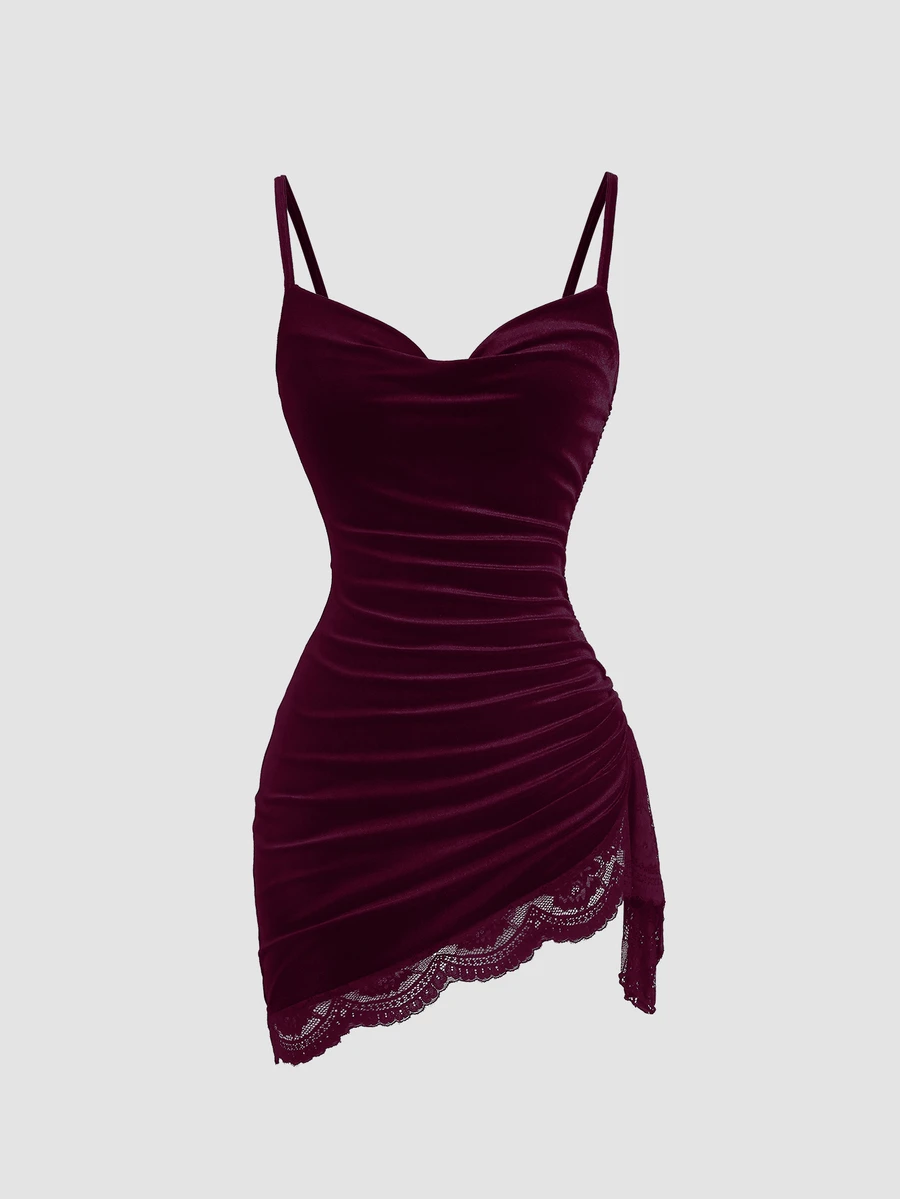Sweetra Women's Lace Patchwork Sexy Date & Outing Spaghetti Strap Dress - Navy Blue - View 1