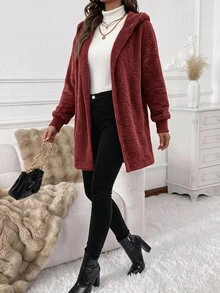 SHEIN Clasi 女款羊羔毛連帽休閒百搭日常長袖秋季運動機場穿搭拉鍊保暖咖啡棕夾克，適合返校、上班、公路旅行與旅遊 - 酒紅色 - 查看 3