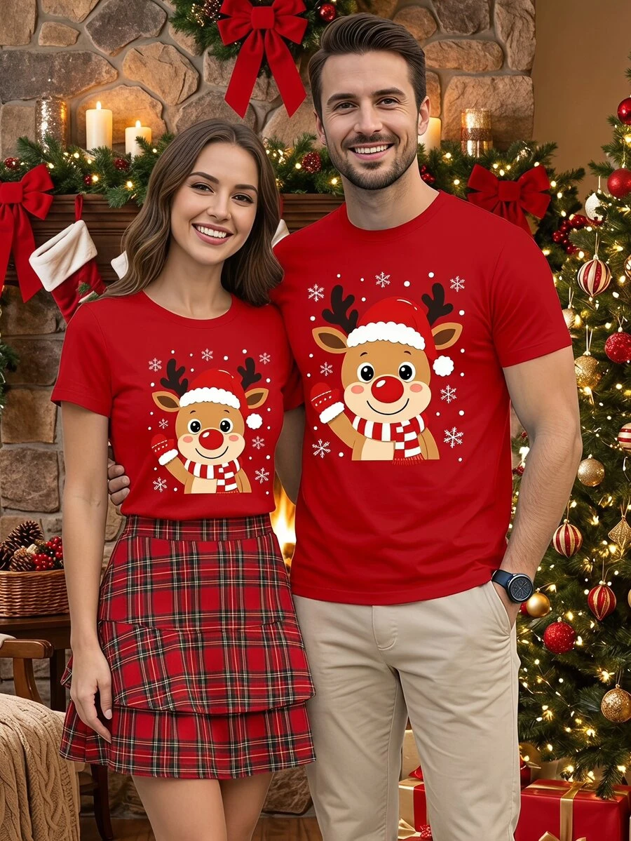 Manfinity Homme 聖誕可愛鹿圖案時尚休閒男士紅色標準尺寸修身短袖T恤 - 紅色 - 查看 1