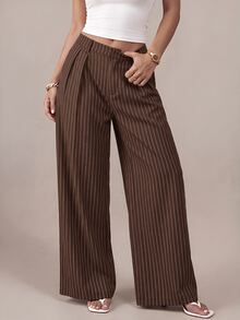 SHEIN PETITE 女款極簡現代海軍藍條紋西裝長褲，高腰寬腿長褲，藍色條紋長褲，大廓形寬腿休閒長褲，商務辦公通勤長褲，適合休閒外出、商務、辦公、通勤與正式場合，海軍藍寬腿長褲，女款百褶長褲 - 摩卡棕 - 查看 7