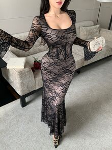 Modelyn French Square Neck Long Sleeve Sheer Lace Nude Lining Fitted Mermaid Dress - Black - View 6