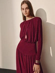 MOTF PREMIUM FASHIONABLE ASYMMETRIC HEMLINE FLARED DESIGN KNITTED TEXTURE AUTUMN/WINTER LONG DRESS - Burgundy - View 6