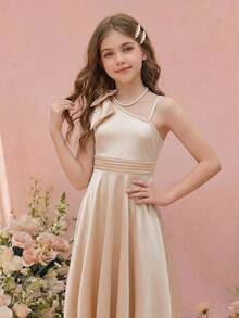 SHEIN 女童簡約時尚花童正式場合婚禮優雅晚禮服 畢業舞會晚餐派對雞尾酒會郵輪度假 香檳金 - 香檳色 - 查看 4
