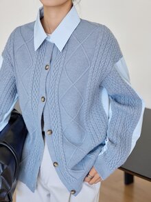 Dazy-Less Fall/ Foggy Blue Round Neck Button Cable Knit Long Sleeve Slim Fit Ribbed Cardigan For Women Office Everyday Casual Preppy - Dusty Blue - View 7