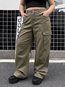Dazy Plus Solid Color Loose Cargo Pants Casual Street Straight Leg Army Green All Season New Style Denim Jeans - Army Green - View 5