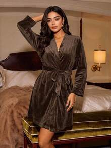 Livesso Women's Solid Color Long Sleeve Waist Tie Casual Robe - Coffee Brown - View 4