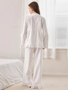 Ocili Solid Color Pure Cotton Lapel Comfortable Soft Embroidered Lace Shell Button Ruched Ruffle Long Sleeve Long Pants Women's Pajama Set - White - View 3