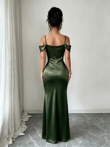Elenzga Women's Summer Elegant Solid Color Off-Shoulder Spaghetti Strap High Slit Dress - Dark Green - View 2