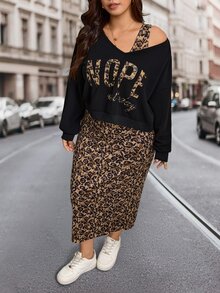 Comfylo Plus Size Women's Leopard Print Dress And Letter Graphic Top Fashion 2 Pieces Set - Multicolor - View 7