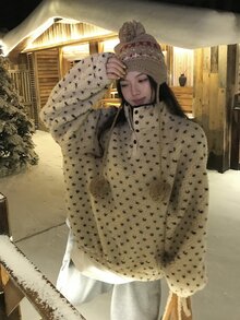 DAZY Women's Polka Dot Fluffy Korean Style Long Sleeve Sweatshirt, Autumn/Winter - Apricot - View 3