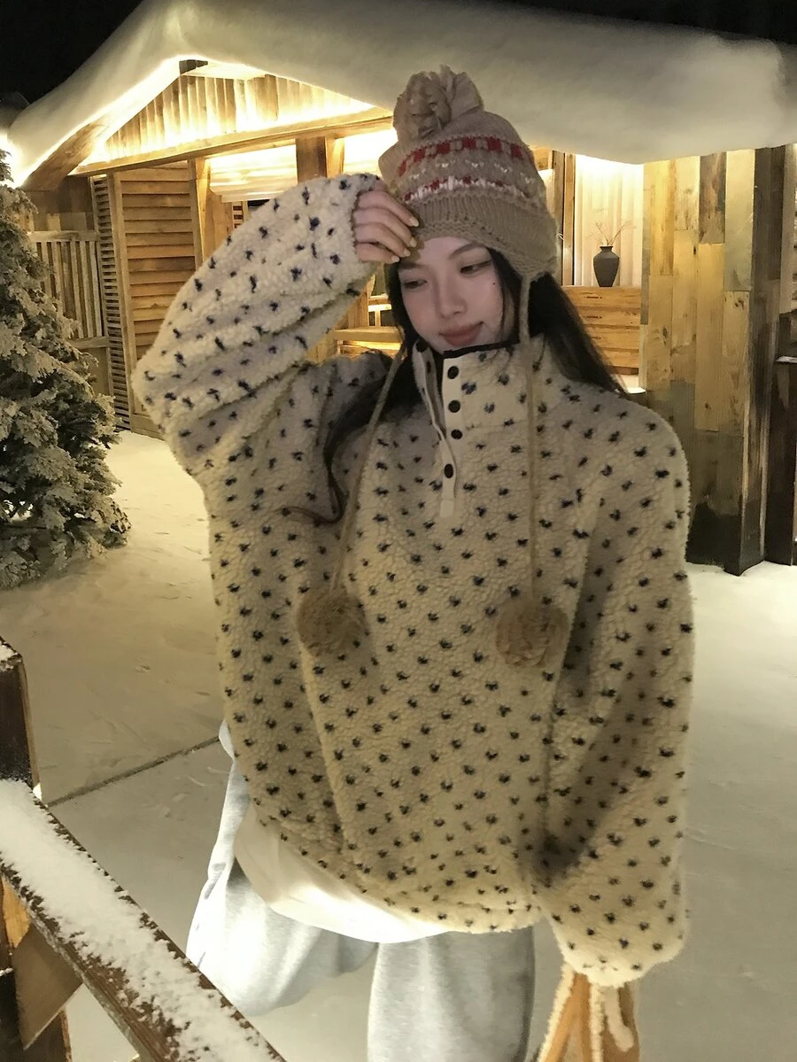 DAZY Women's Polka Dot Fluffy Korean Style Long Sleeve Sweatshirt, Autumn/Winter - Apricot - View 1