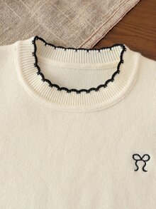 4-7 Years Old Girls Beige Round Neck Autumn/Winter Knitted Sweater With Wavy Ruffle Collar And Hem, Dropped Shoulder Long Sleeve Top With Small Bow Embroidery On Chest, Soft Knitted Cardigan For Spring/Autumn - Apricot - View 3