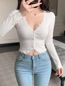 DAZY 秋季白色鏤空蕾絲拼接休閒甜美婚禮派對修身長袖女款開襟衫T恤 - 白色 - 查看 3