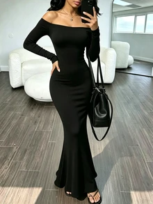 INAWLY Women's Solid Color Off-Shoulder Casual Party Dress - Black - View 1