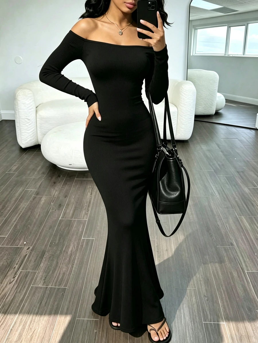 INAWLY Women's Solid Color Off-Shoulder Casual Party Dress - Black - View 1
