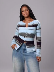 Rustia Plus Size Women's Striped Long Sleeve Single-Breasted Casual Knit Cardigan - Multicolor - View 7