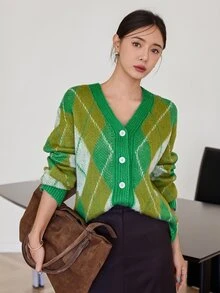 Dazy-Less Women's Olive Green Round Neck Button Cable Knit Long Sleeve Fitted Ribbed Cardigan, Fall/ Brunch Casual Preppy - Green - View 8