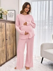 Slowluna Maternity Solid Color Nursing Long Sleeve Top And Adjustable Waist Long Pants Casual 2 Pieces Set - Pink - View 5