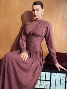 MOTF PREMIUM WOMEN'S ELEGANT COMMUTE WAIST-CINCHING LONG DRESS - Red Violet - View 7