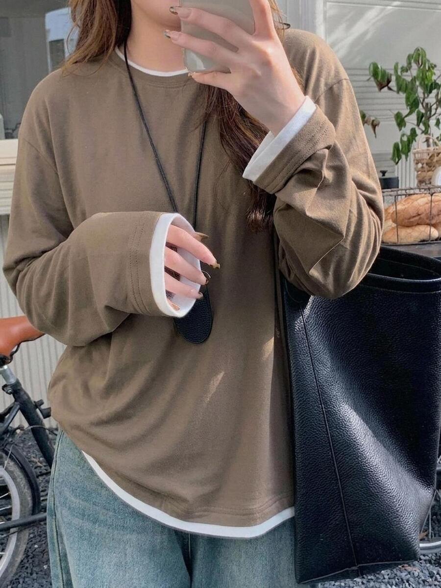 Dazy Plus Colorblock 2 In 1 Long Sleeve Casual Loose Fit T-Shirt - Khaki - View 1