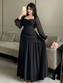 Modelyn 披肩領泡泡長袖收腰不對稱百褶雪紡大裙擺洋裝，婚禮新娘單身派對適用，淡粉色，秋季浪漫優雅 - 黑色 - 查看 4