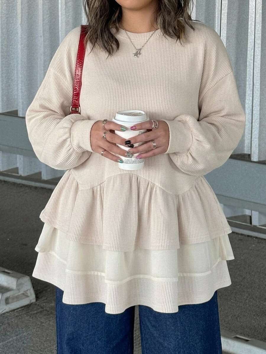 Dazy Plus Korean Style Patchwork Frill Trim Loose Long Sleeve T-Shirt For Girls - Beige - View 1