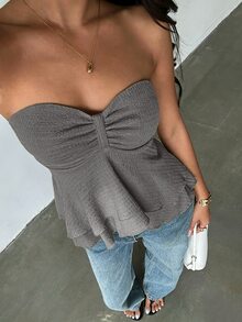 Glamine 性感辣妹修身綁帶無袖法式風百搭高級甜辣感抹胸上衣 - 灰色 - 查看 5