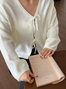 Dazy Plus Autumn/Winter Bowknot V-Neck Loose Lazy Soft Cardigan New Sweater - White - View 6