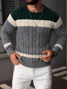 Marcello Vane Men's Colorblock Round Neck Long Sleeve Casual Cable Knit Sweater - Multicolor - View 3