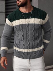 Marcello Vane Men's Colorblock Round Neck Long Sleeve Casual Cable Knit Sweater - Multicolor - View 6