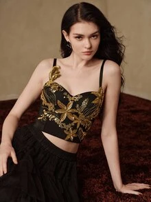 Anewsta Women's Glamorous Party Patchwork Sequin & Beaded Decor Backless Cropped Camisole - Black and Gold - View 7