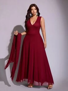 Viva Relle Plus Size Mesh Ethereal Stand Collar Cape Shawl 2 Pieces Set - Burgundy - View 6