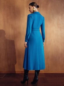 MOTF PREMIUM WOMEN'S BLUE COMMUTER SPLIT DESIGN SPROUT TRIM ELEGANT MID-LENGTH DRESS - Blue - View 3