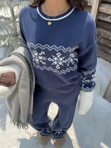 Muchica 海軍藍聖誕雪花毛衣 2 件套，適合日常通勤、街頭穿搭、派對、秋冬春夏、聖誕節、新年、感恩節、派對、畢業典禮、優雅、外出、約會、通勤、情人節、優雅、Y2K、畢業典禮及其他場合 - 藏蓝色 - 查看 5