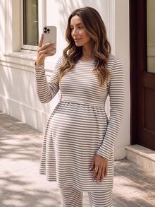 SHEIN Women's Comfortable Fashion Round Neck Long Sleeve Khaki Striped Maternity T-Shirt - Khaki - View 5