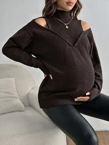 SHEIN 孕婦純色露肩長袖休閒針織衫，秋冬款 - 咖啡棕 - 查看 1
