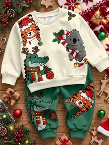 Infant Round Neck Long Sleeve Long Pants Casual Comfortable Set, Classic Christmas Pattern Print, Classic Cute Tiger Pattern Print, Christmas Sloth Pattern Print, Classic Christmas Crocodile Pattern Print, Suitable For Christmas, Suitable For Autumn/Winter - Multicolor - View 3