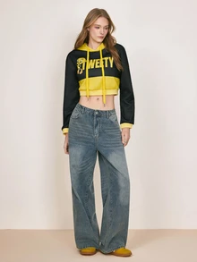 LOONEY TUNES X SHEIN Women's Cartoon Pattern Striped Print Long Sleeve Cropped Sweatshirt - Black - View 4
